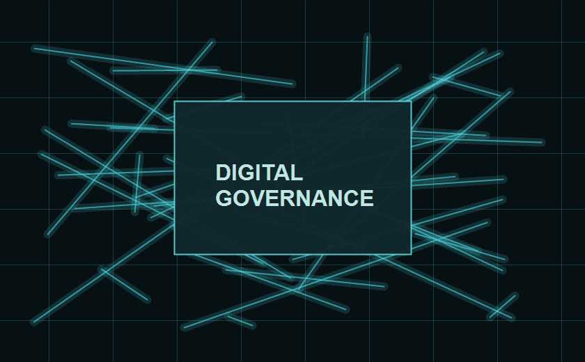 Digital governance processor surrounded by glowing network lines.