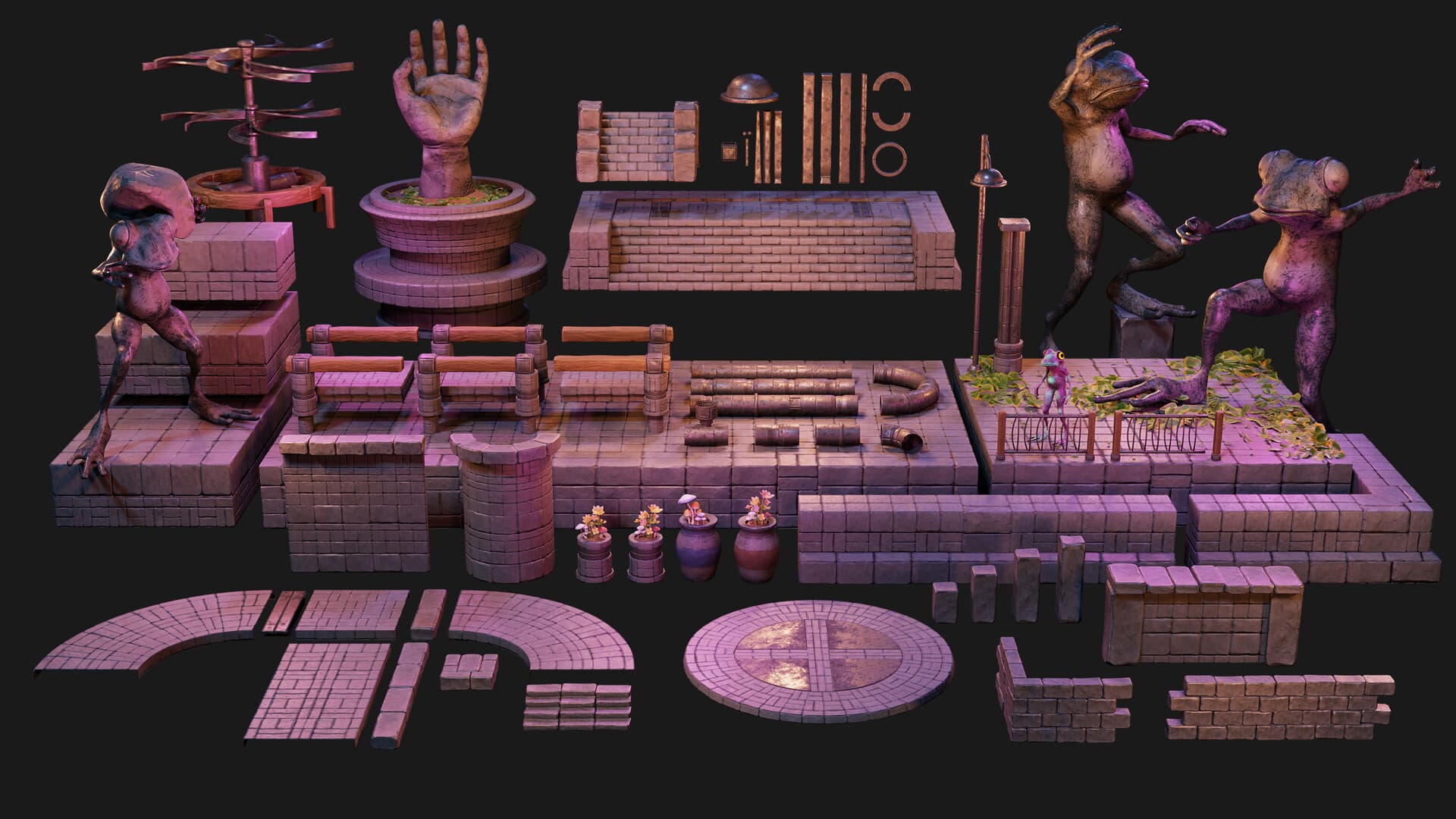 Production-ready African fantasy game environment assets arranged on a dark studio background.